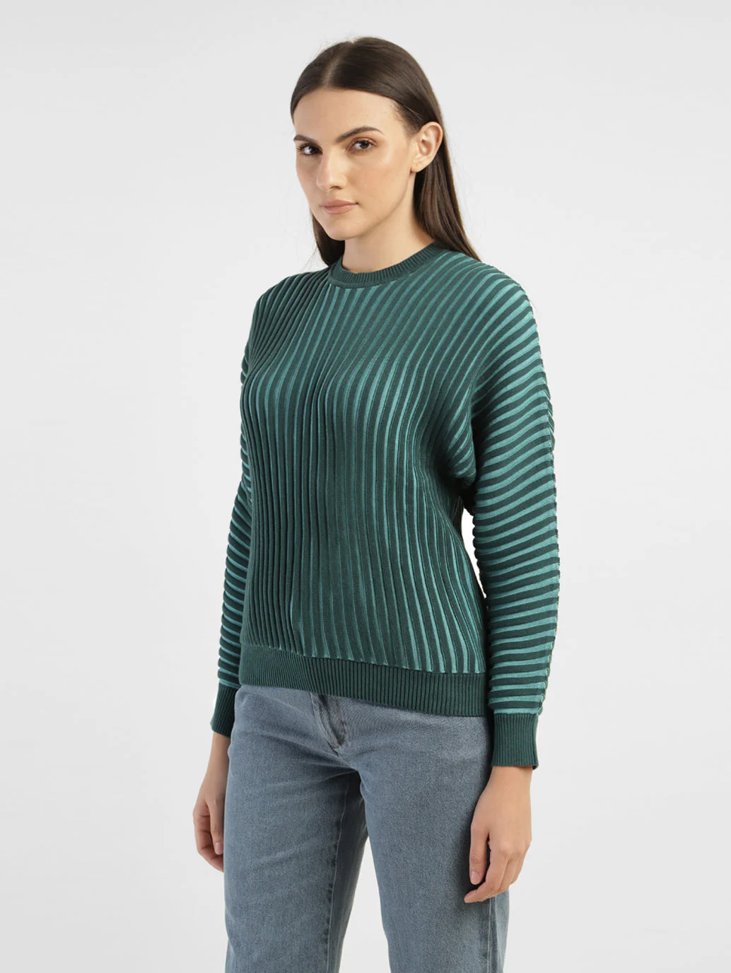 Women's Textured Green Crew Neck Sweater - Image 4
