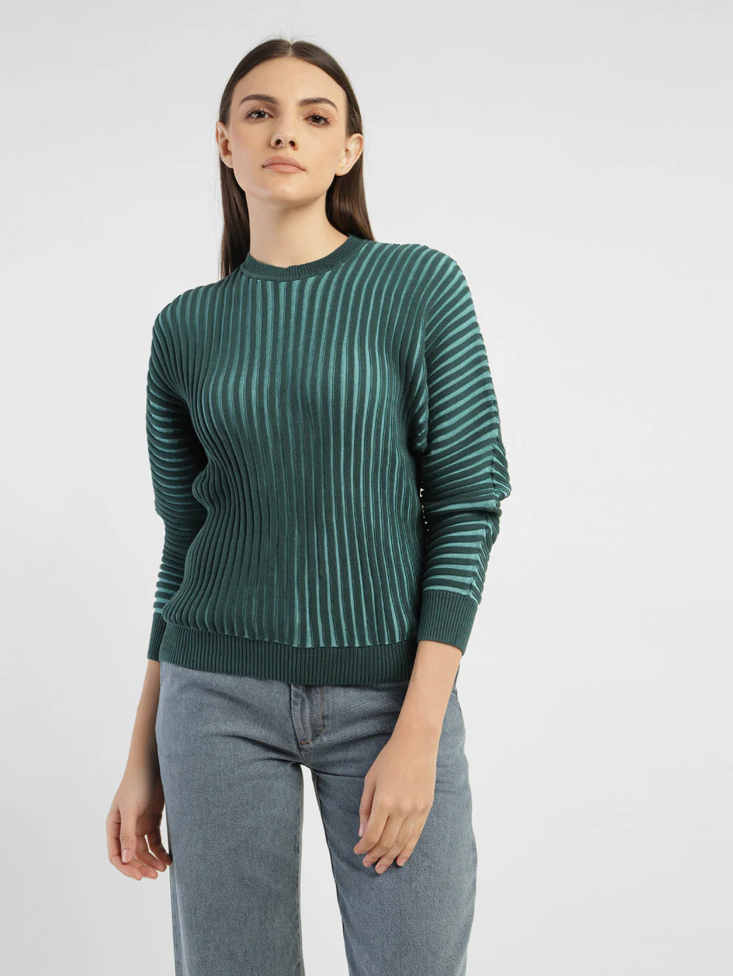 Women's Textured Green Crew Neck Sweater - Image 6