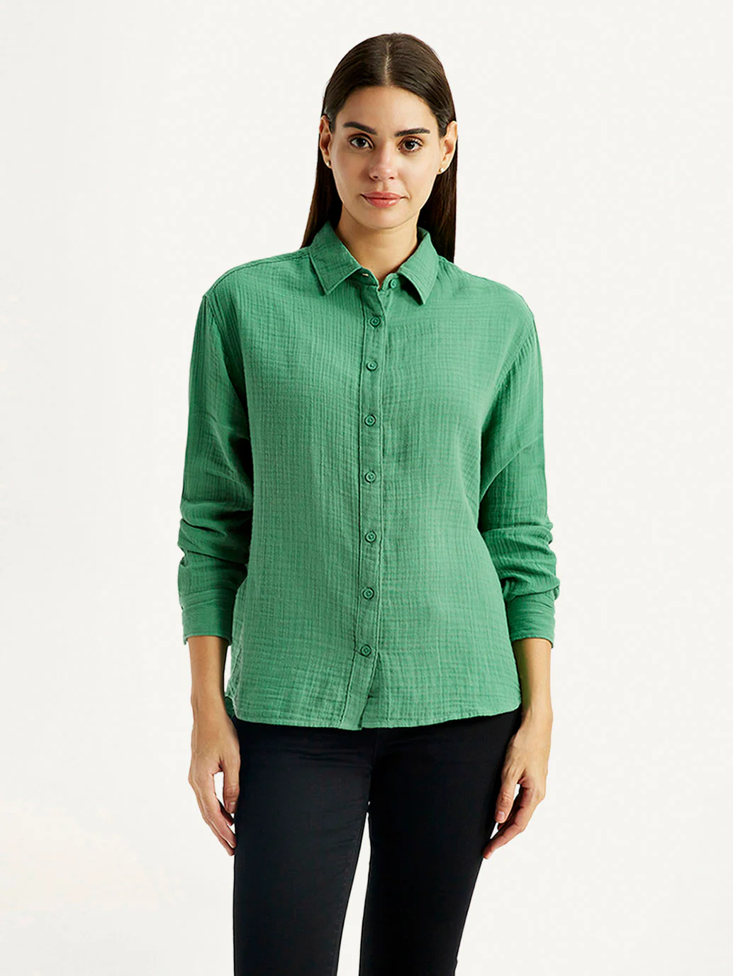 Women's Textured Green Relaxed Fit Shirt - Image 2