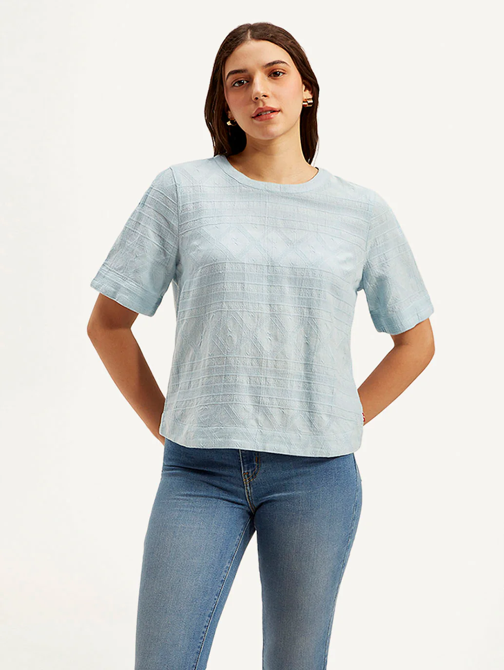 Women's Textured Light Blue Round Neck Top - Image 2