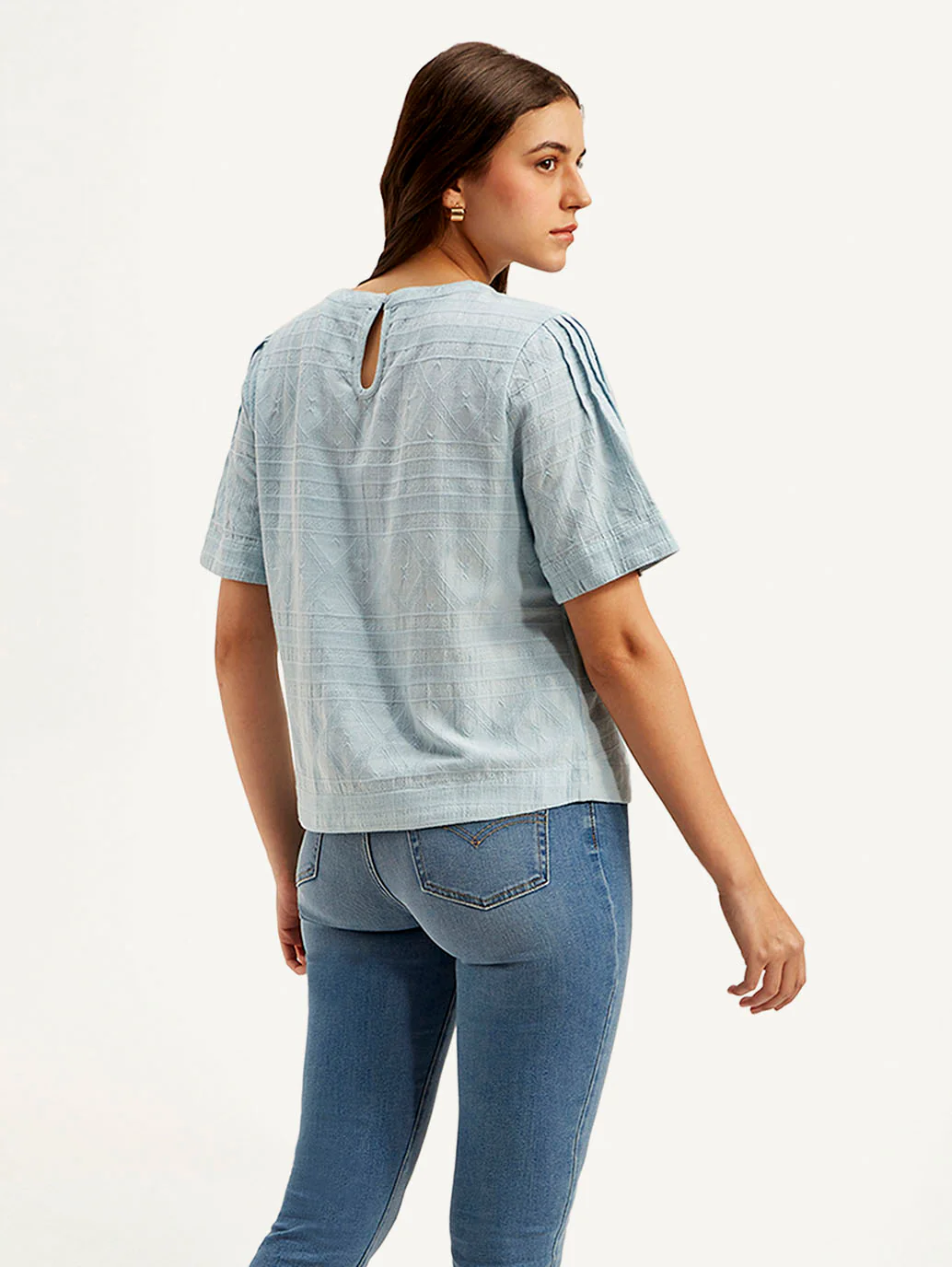 Women's Textured Light Blue Round Neck Top - Image 3