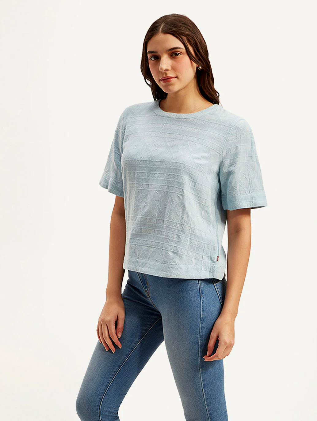 Women's Textured Light Blue Round Neck Top - Image 5
