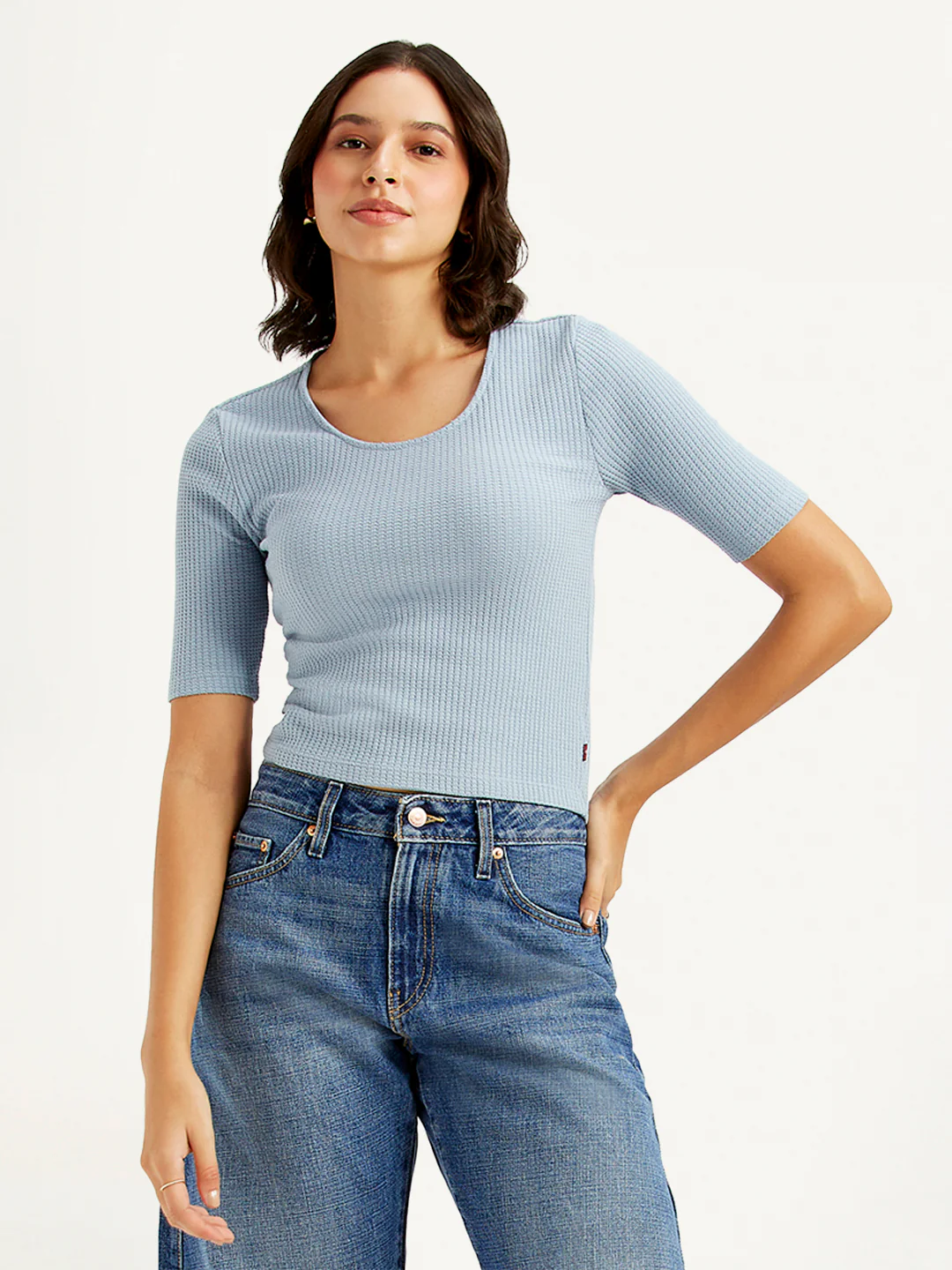 Women's Textured Light Blue Scoop Neck Top