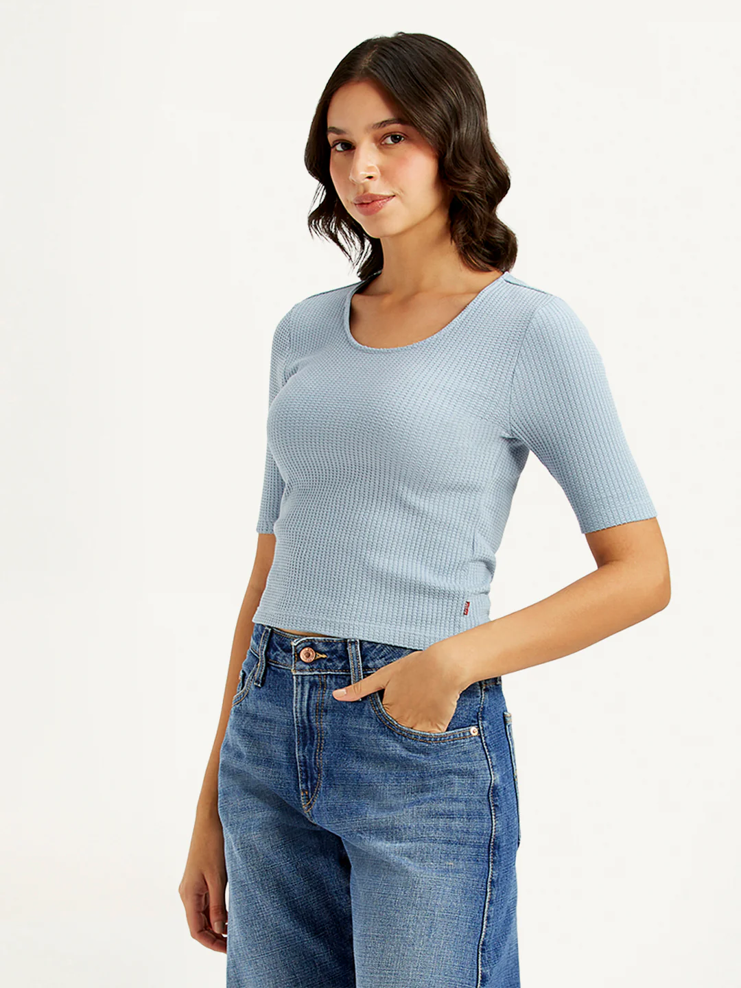 Women's Textured Light Blue Scoop Neck Top - Image 4