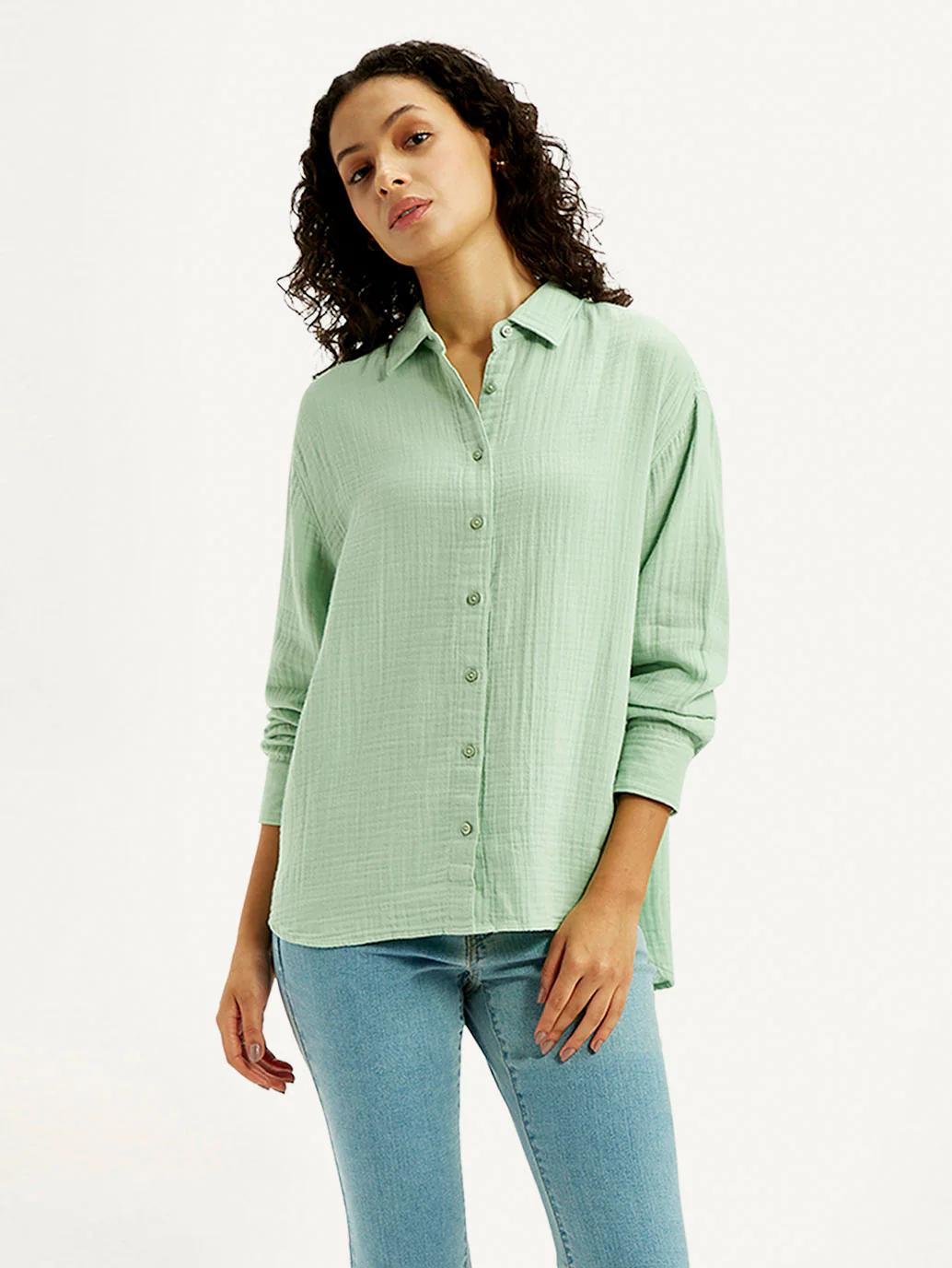 Women's Textured Light Green Relaxed Fit Shirt - Image 2