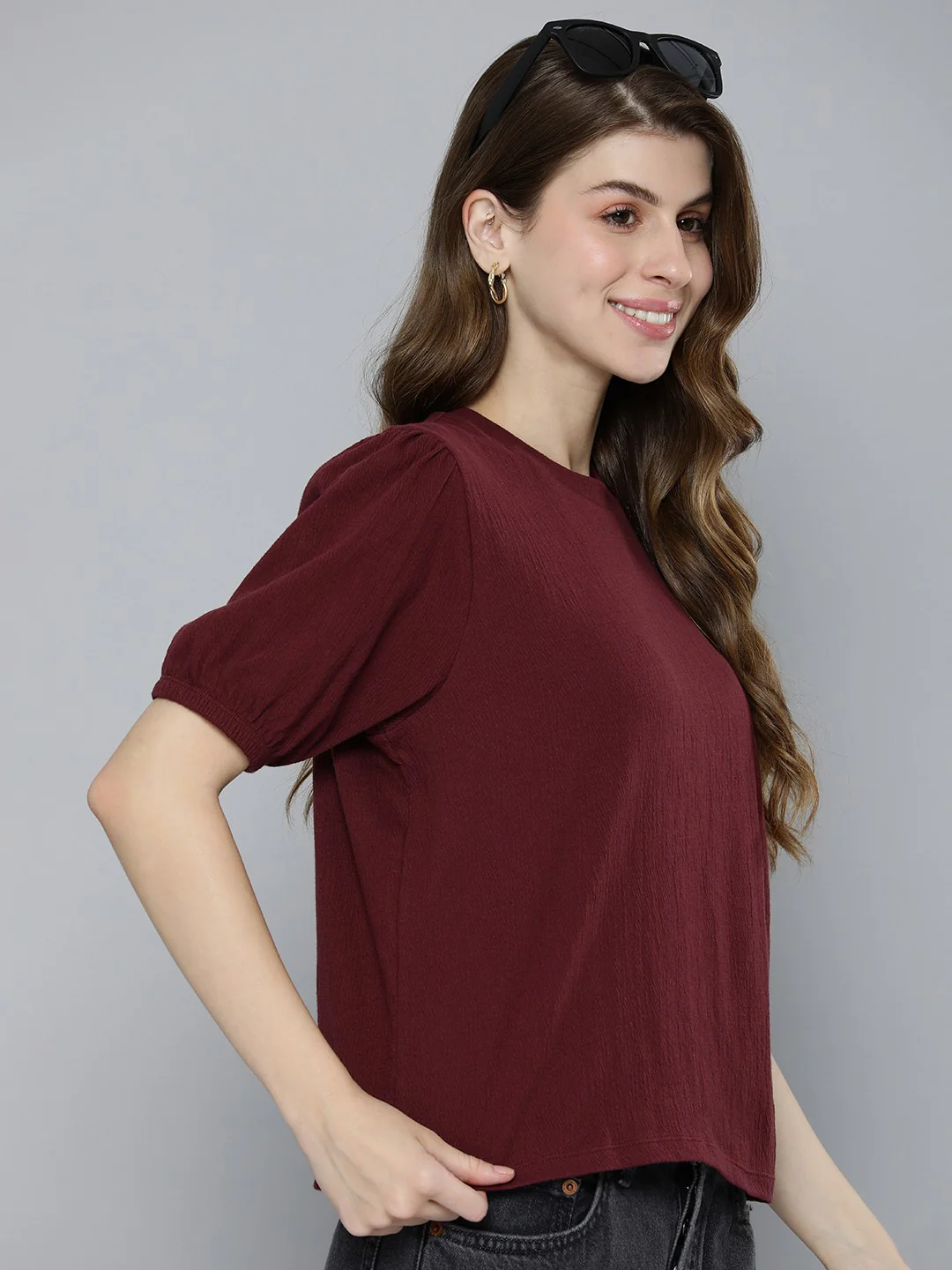 Women's Textured Maroon Round Neck Top - Image 2