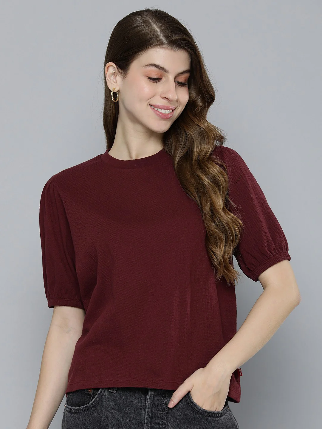 Women's Textured Maroon Round Neck Top - Image 3