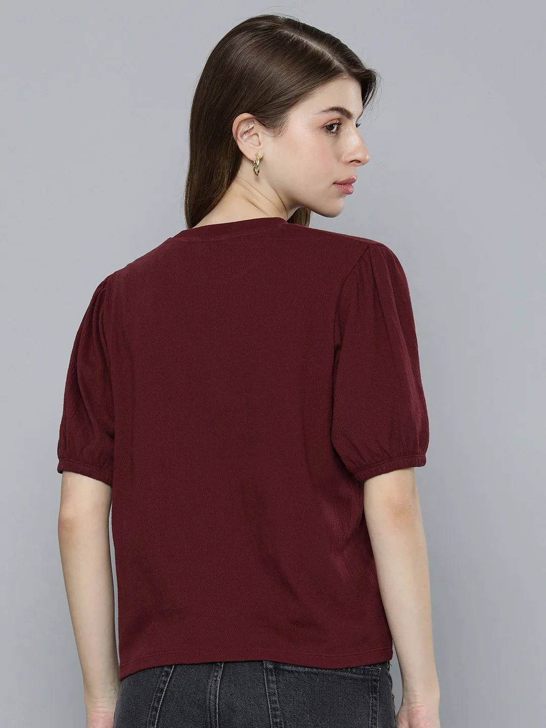 Women's Textured Maroon Round Neck Top - Image 4