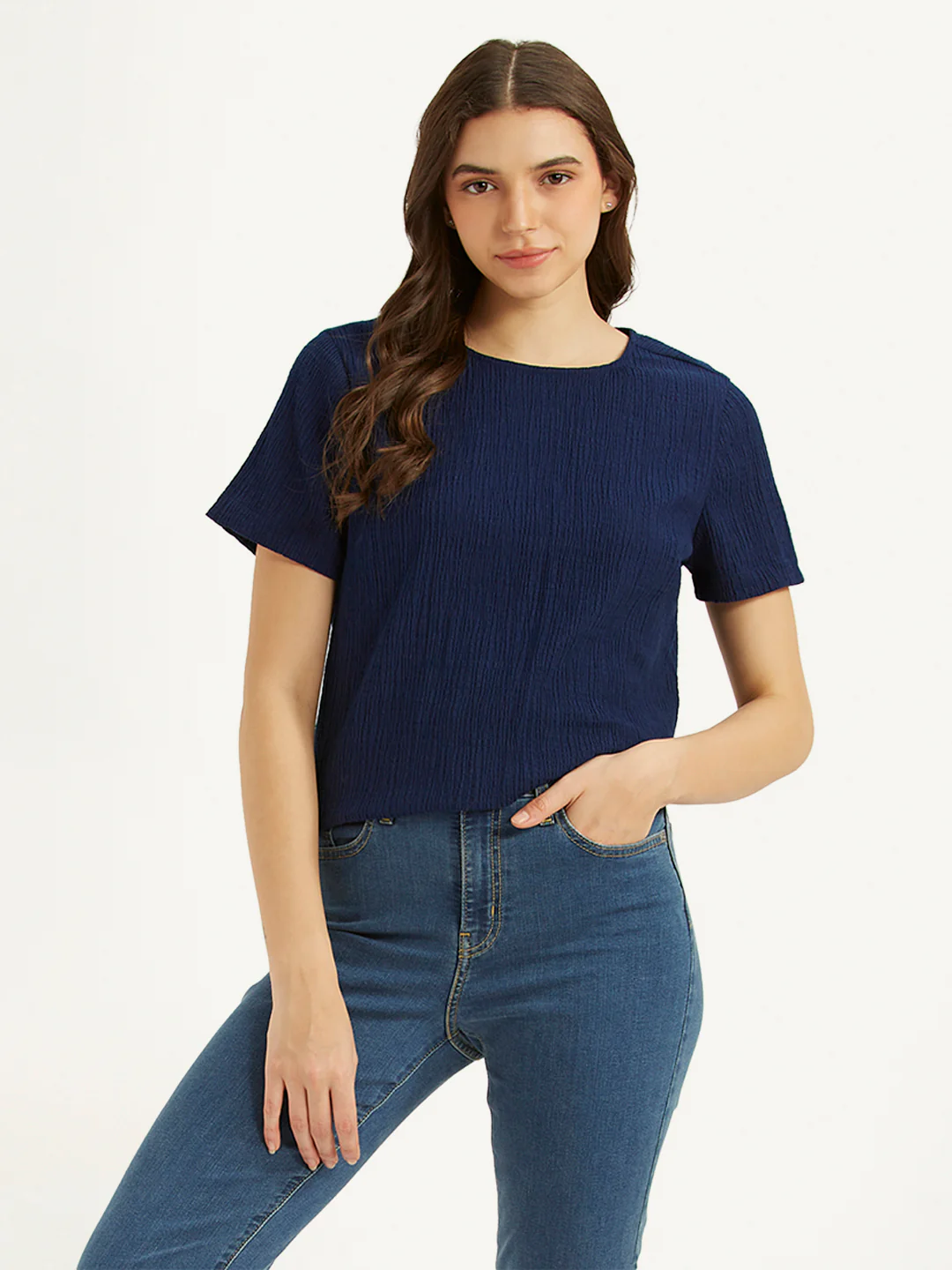 Women's Textured Navy Round Neck Top