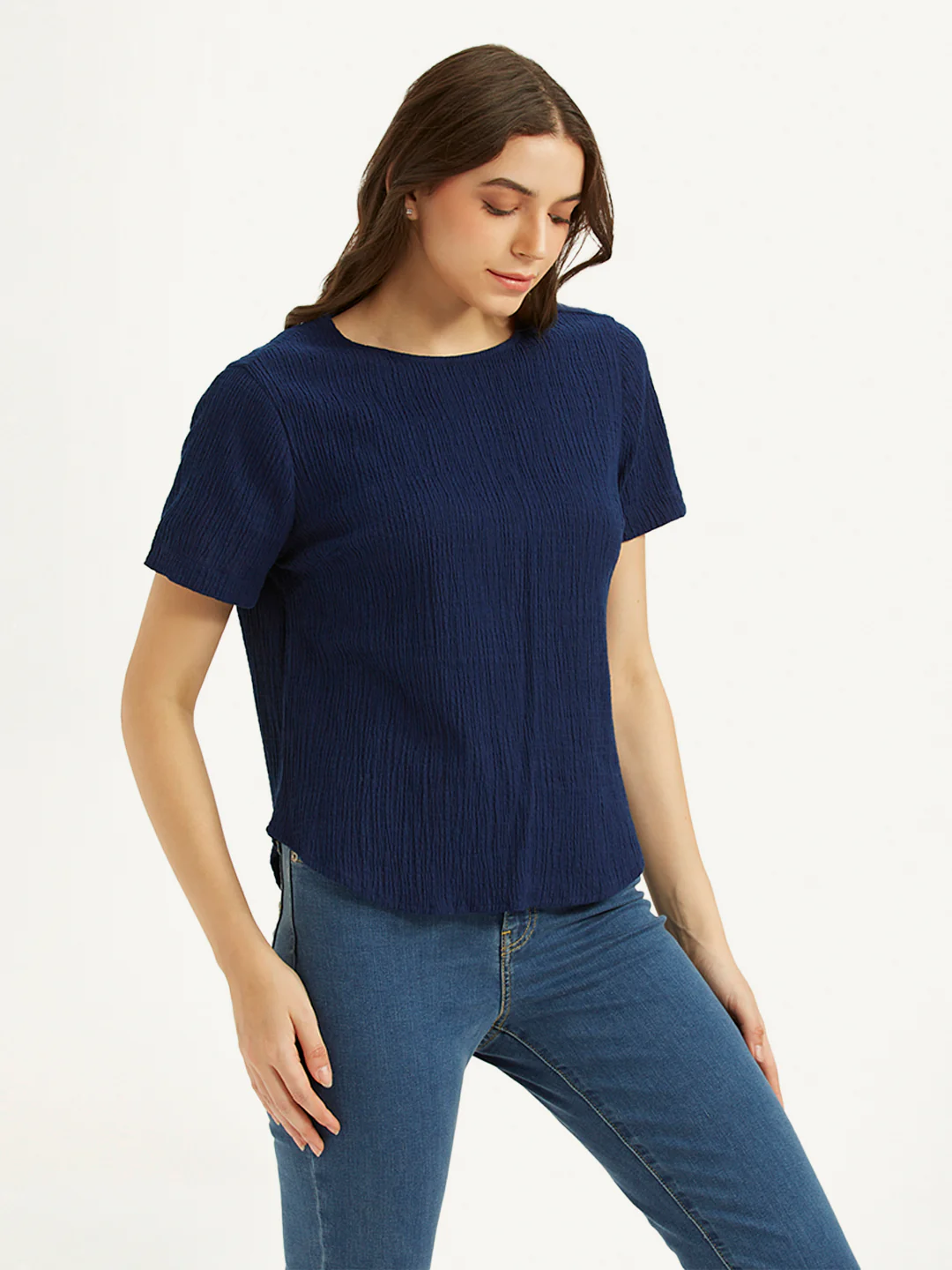 Women's Textured Navy Round Neck Top - Image 4