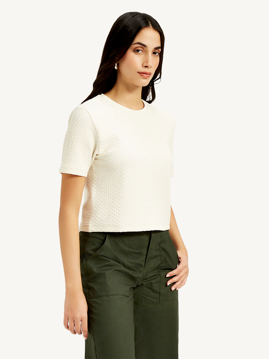 Women's Textured White Crew Neck Top - Image 4
