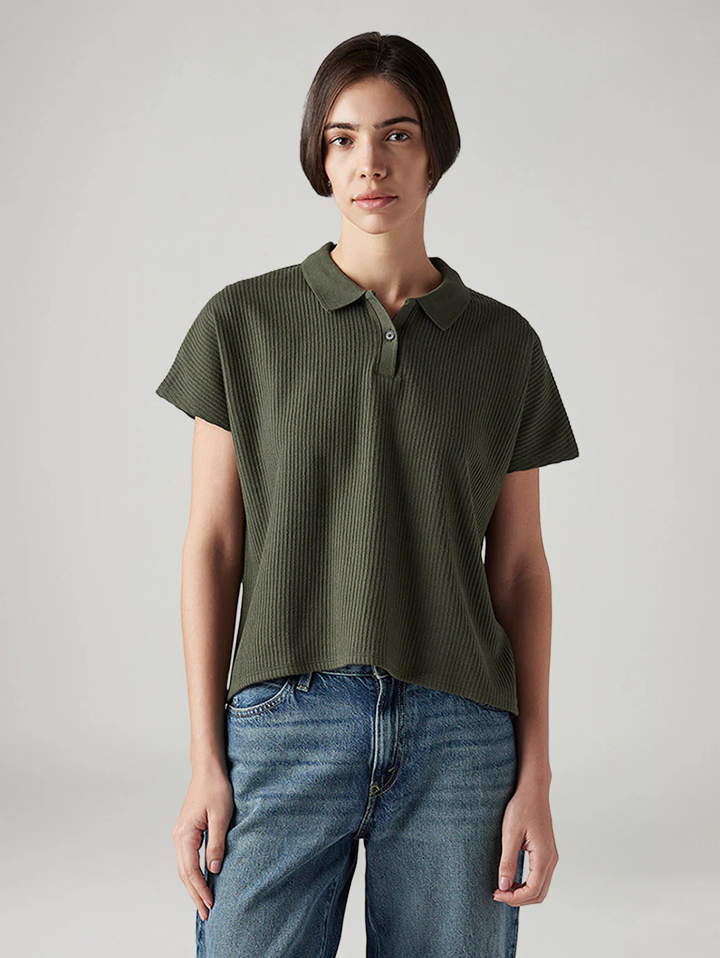 Women's Textured Olive Relaxed Fit Polo T-shirt - Image 2