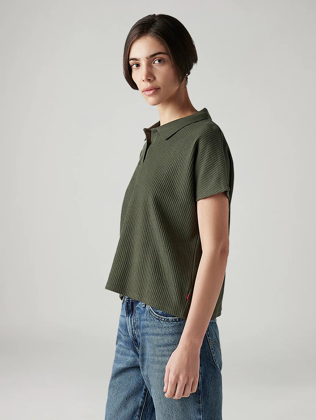 Women's Textured Olive Relaxed Fit Polo T-shirt - Image 5