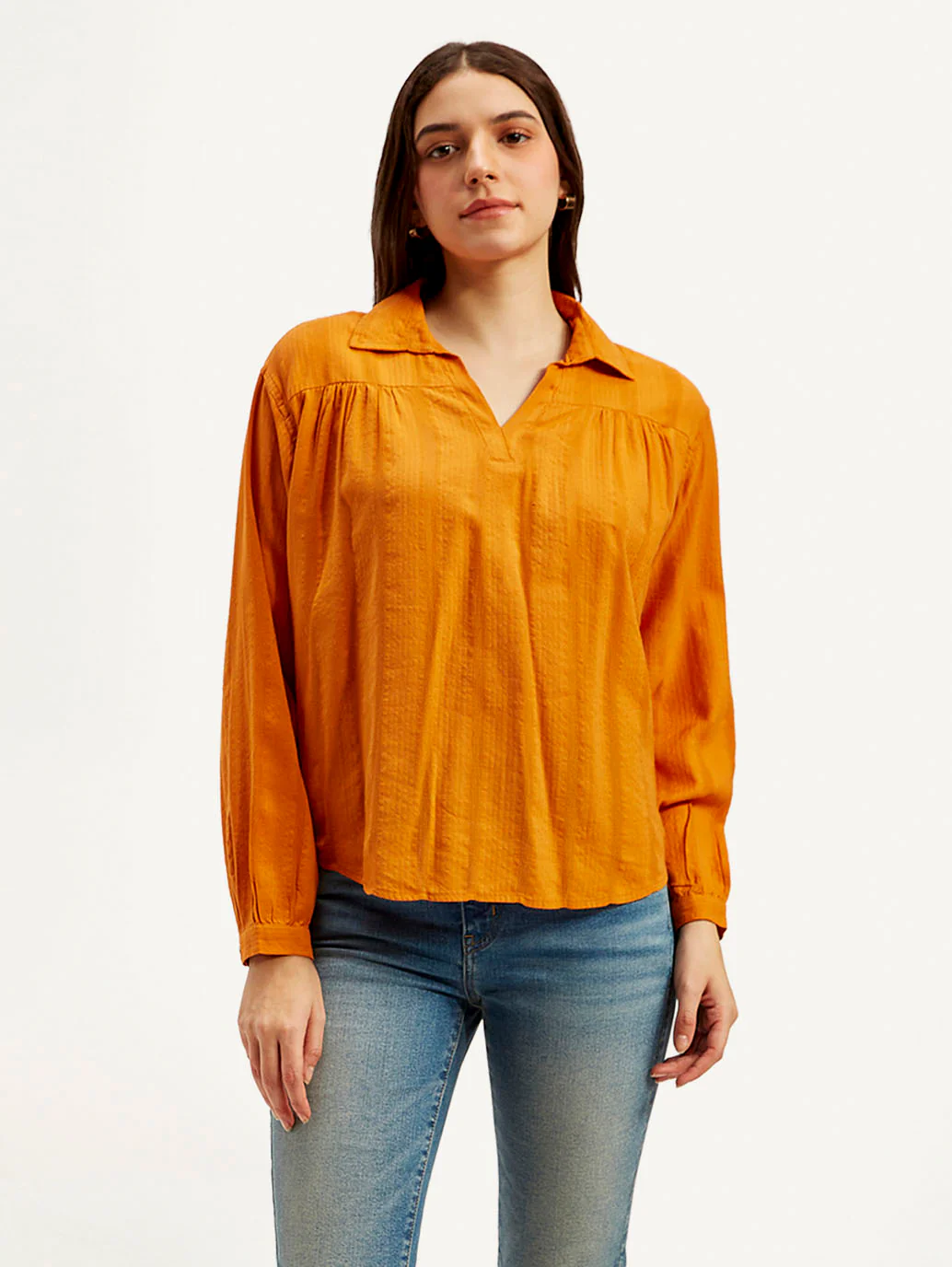 Women's Textured Orange Spread Collar Top - Image 2