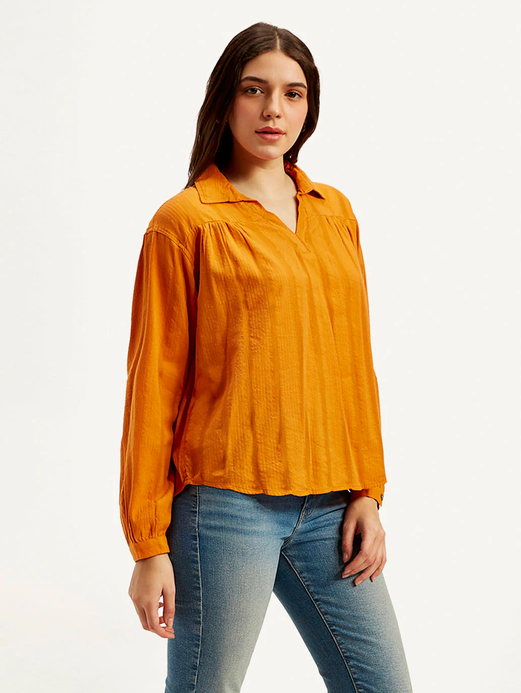 Women's Textured Orange Spread Collar Top - Image 5