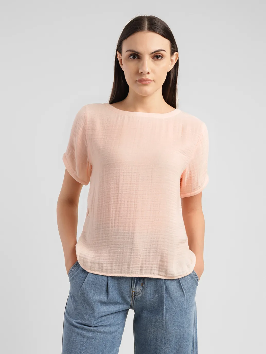 Women's Textured Peach Boat Neck Top - Image 2