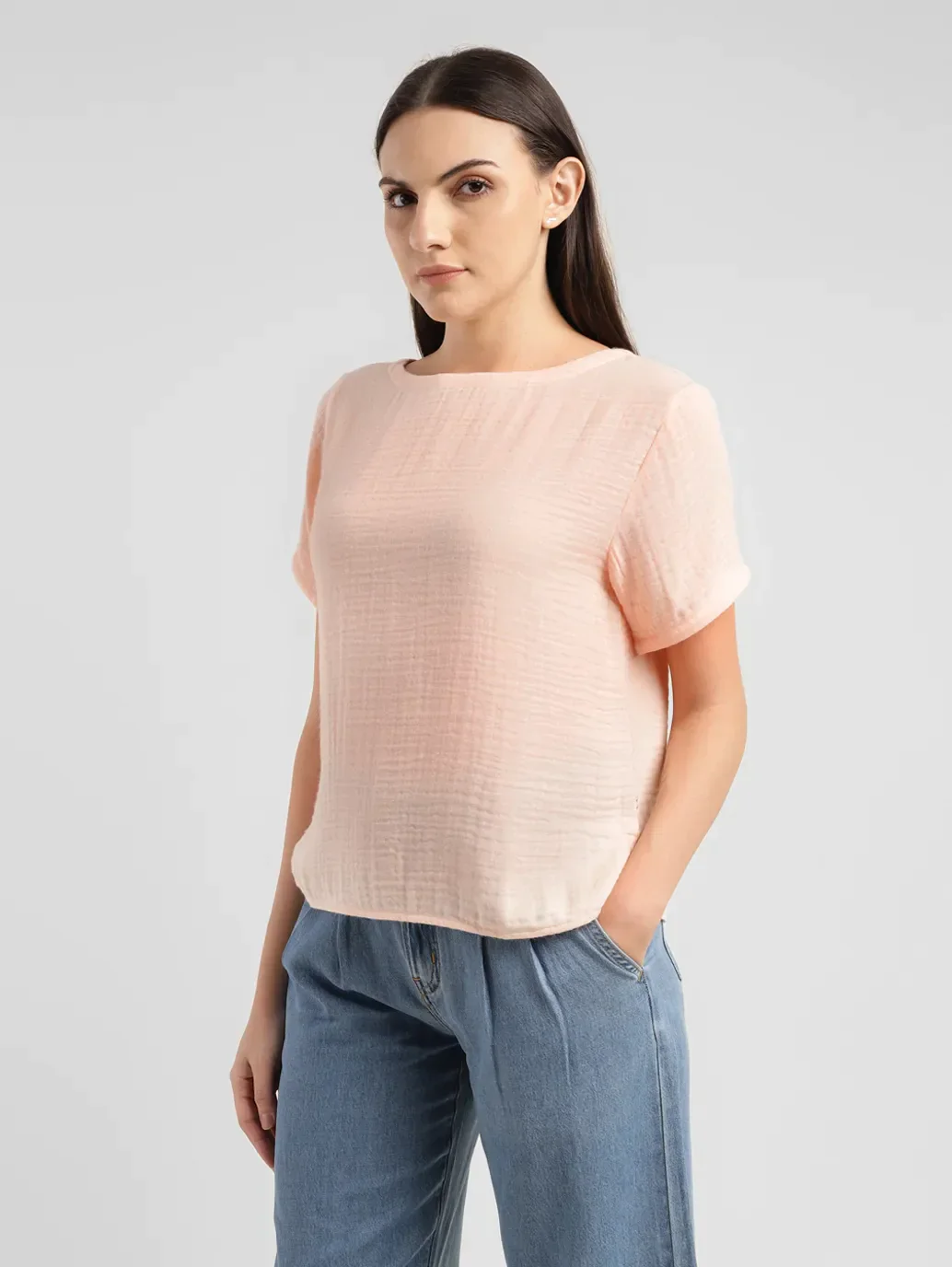 Women's Textured Peach Boat Neck Top - Image 4