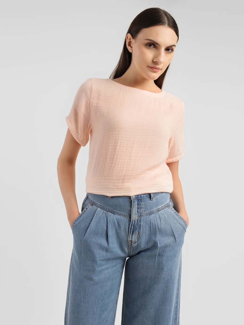 Women's Textured Peach Boat Neck Top - Image 6