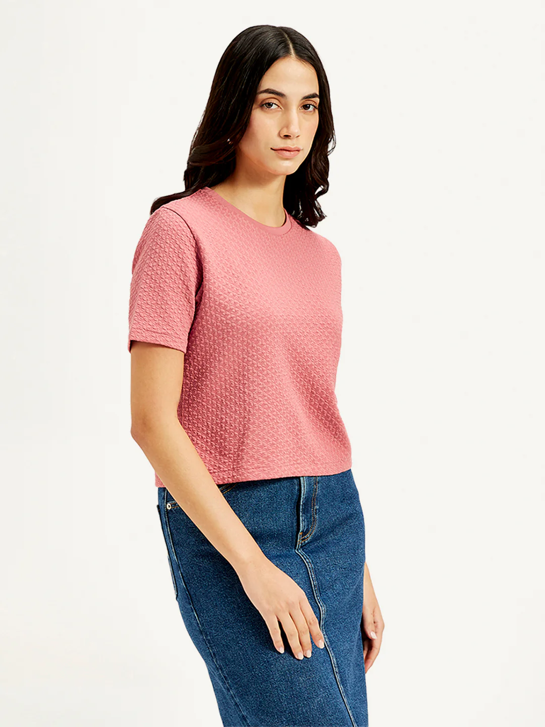 Women's Textured Peach Crew Neck Top - Image 4