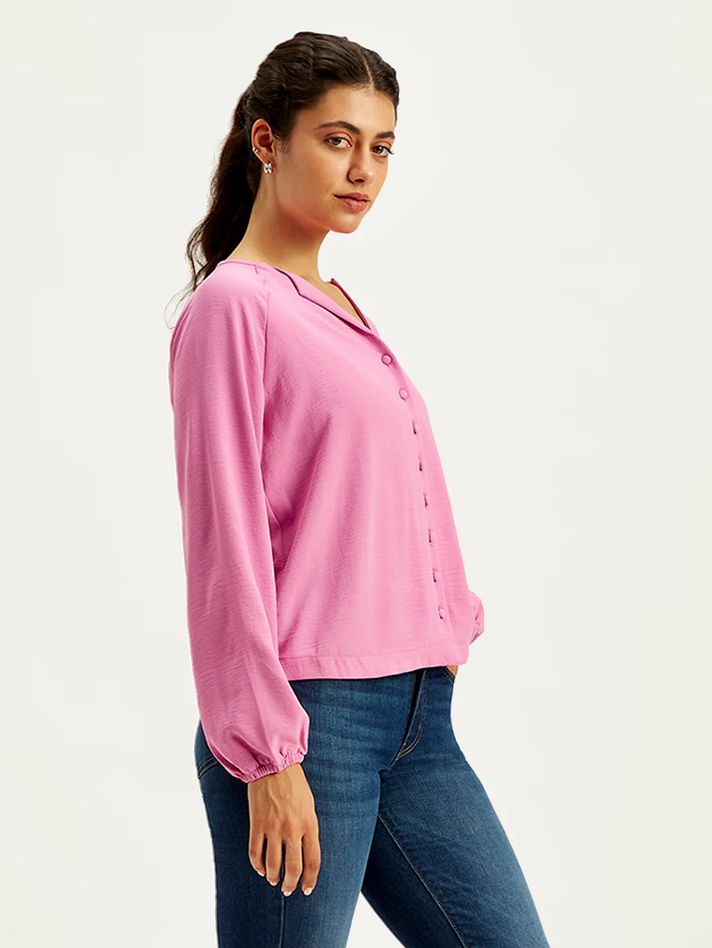 Women's Textured Pink Mock Neck Top - Image 3