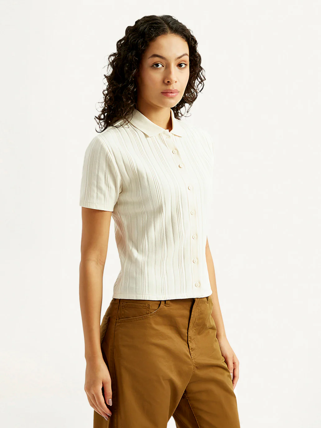 Women's Textured Slim Fit Ribbed Polo Shirt - Image 4