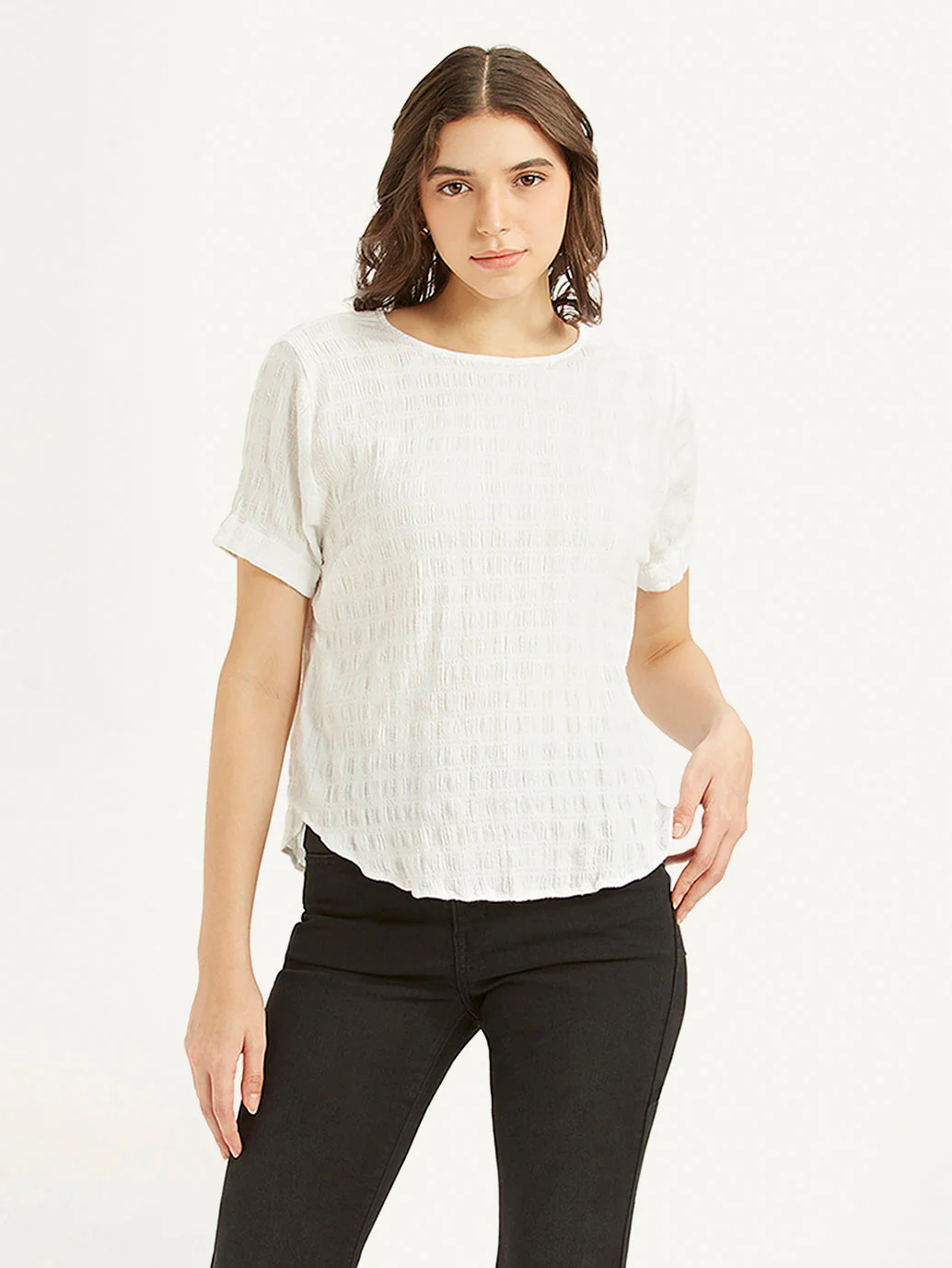 Women's Textured White Round Neck Top - Image 2