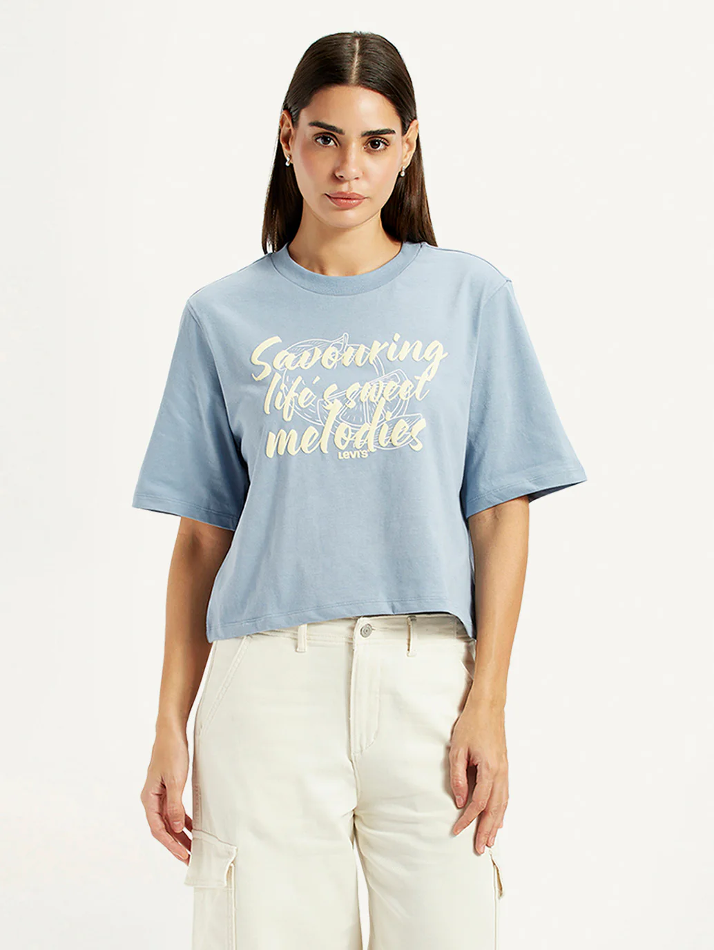 Women's Typographic Print Light Blue Relaxed Fit T-shirt - Image 2