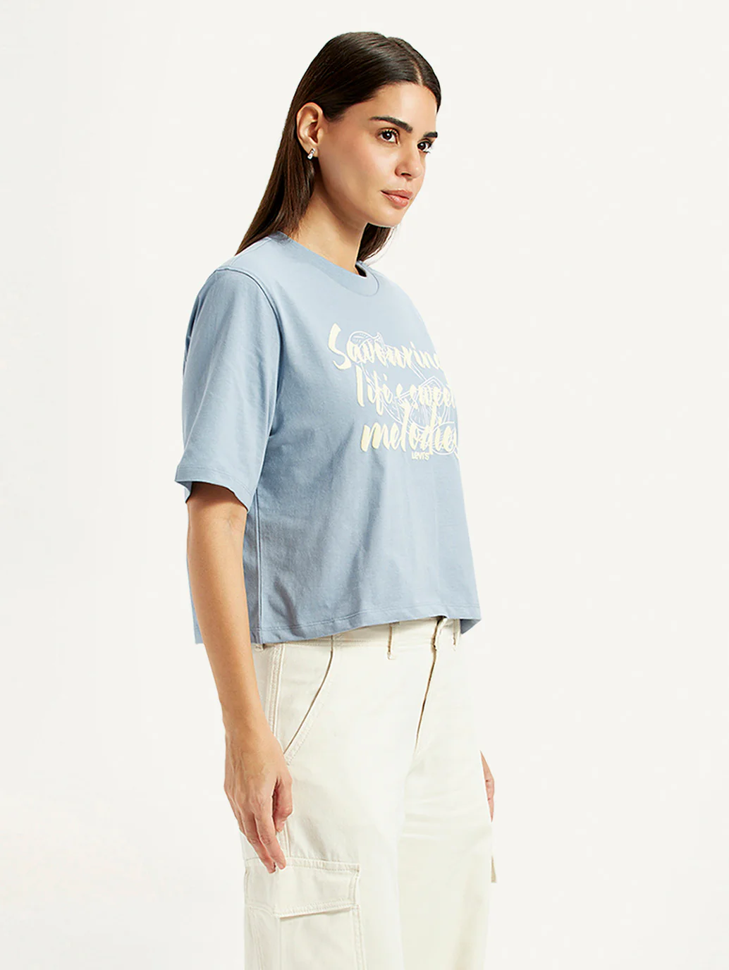 Women's Typographic Print Light Blue Relaxed Fit T-shirt - Image 5