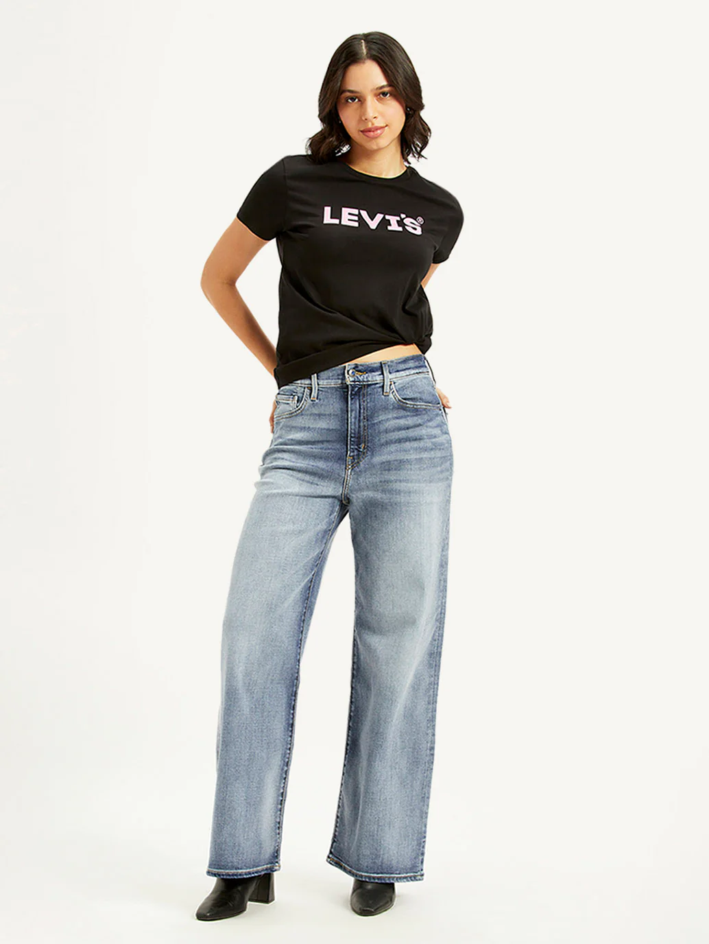 Women's Light Blue Ribcage Bell Bottom Wide Leg Fit High Rise Jeans