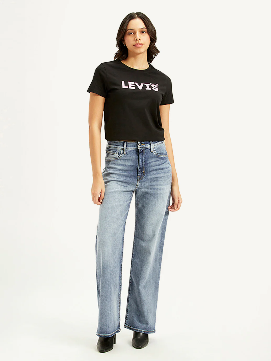 Women's Light Blue Ribcage Bell Bottom Wide Leg Fit High Rise Jeans - Image 2