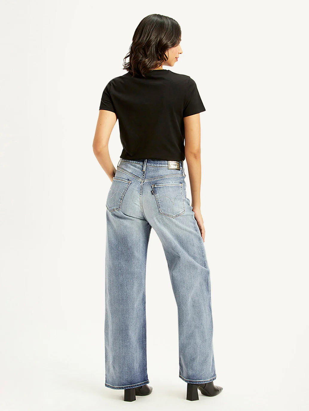 Women's Light Blue Ribcage Bell Bottom Wide Leg Fit High Rise Jeans - Image 3