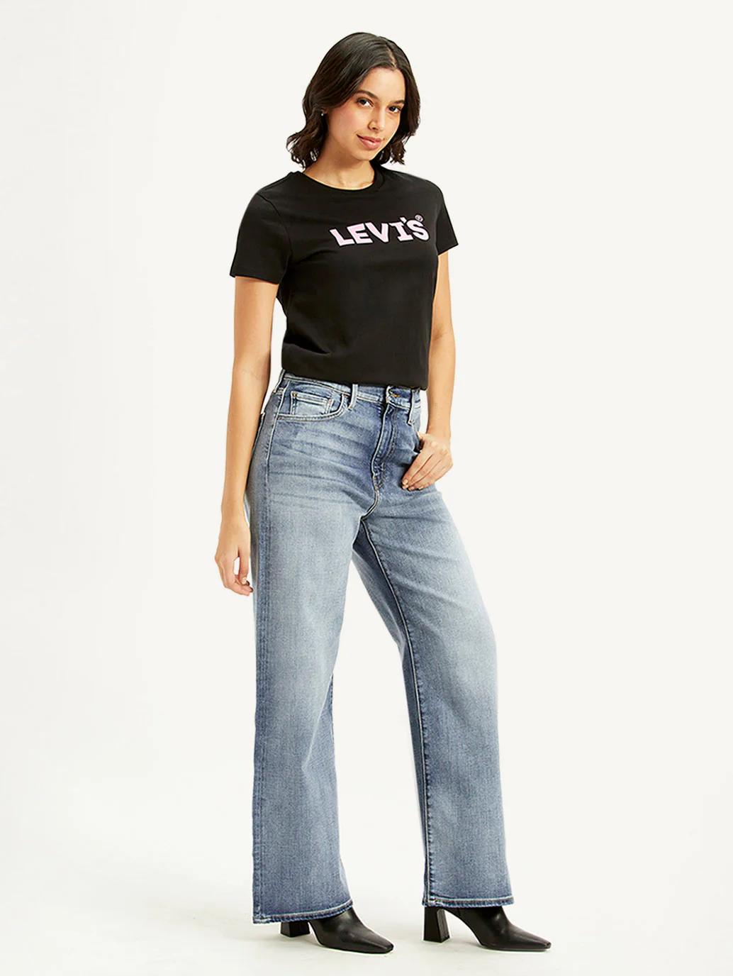 Women's Light Blue Ribcage Bell Bottom Wide Leg Fit High Rise Jeans - Image 5